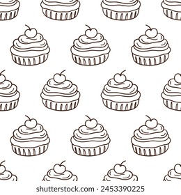 Pastelería, panadería dulce sin patrón con productos horneados. Cupcakes dibujados a mano y muffins doodles de fondo para envolver papel. Diseño de panadería de confitería. Impresión de paquetes, cafetería y Fondos de pantalla de la tienda