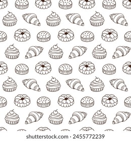 Pastry, sweet bakery seamless pattern with baked goods. Confectionery baking design. Hand drawn cupcakes and muffins doodles background for wrapping paper, package print, cafeteria and shop wallpapers