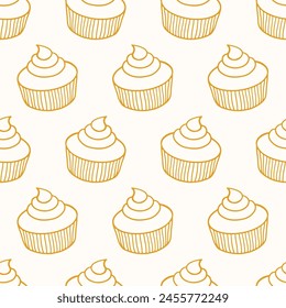 Pastelería, panadería dulce sin patrón con productos horneados. Cupcakes dibujados a mano y muffins doodles de fondo para envolver papel. Diseño de panadería de confitería. Impresión de paquetes, cafetería y Fondos de pantalla de la tienda