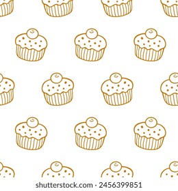 Pastelería, panadería dulce sin patrón con productos horneados. Cupcakes dibujados a mano y muffins doodles de fondo para envolver papel. Diseño de panadería de confitería. Impresión de paquetes, cafetería y Fondos de pantalla de la tienda