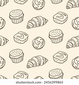 Pastelería, panadería dulce sin patrón con productos horneados. Diseño de panadería de confitería. Cupcakes dibujados a mano y muffins doodles de fondo para envolver papel, paquete impreso, cafetería y Fondos de pantalla de la tienda