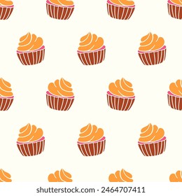 Pastry, sweet bakery seamless pattern with baked goods. Confectionery baking design. Hand drawn cupcakes and muffins doodles background for wrapping paper, package print, cafeteria and shop wallpapers