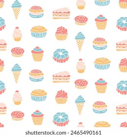 Pastelería, panadería dulce sin patrón con productos horneados. Diseño de panadería de confitería. Cupcakes dibujados a mano y muffins doodles de fondo para envolver papel, paquete impreso, cafetería y Fondos de pantalla de la tienda