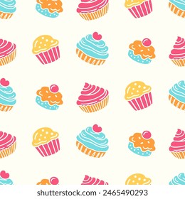 Pastelería, panadería dulce sin patrón con productos horneados. Diseño de panadería de confitería. Cupcakes dibujados a mano y muffins doodles de fondo para envolver papel, paquete impreso, cafetería y Fondos de pantalla de la tienda