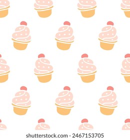 Pastelería, panadería dulce sin patrón con productos horneados. Diseño de panadería de confitería. Cupcakes dibujados a mano y muffins doodles de fondo para envolver papel, paquete impreso, cafetería y Fondos de pantalla de la tienda