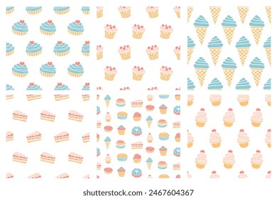 Pastelería, panadería dulce sin patrón conjunto con productos horneados. Diseño de panadería de confitería. Cupcakes dibujados a mano y muffins doodles de fondo para envolver papel, paquete impreso, Fondos de pantalla de cafetería