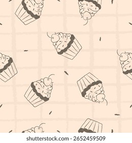 Pastry, sweet bakery seamless pattern with baked goods. Confectionery baking design. Hand drawn cupcakes and muffins doodles background for wrapping paper, package print, cafeteria and shop wallpapers
