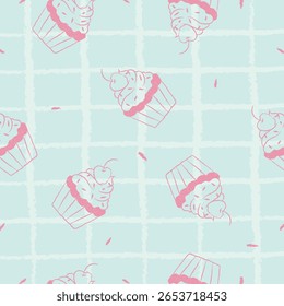 Massa, padaria doce padrão sem emenda com produtos assados. Design de panificação de confeitaria. Fundo de bolinhos e muffins desenhados à mão para papel de embrulho, impressão de pacote, cafeteria e papel de parede da loja