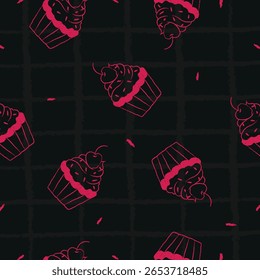 Massa, padaria doce padrão sem emenda com produtos assados. Design de panificação de confeitaria. Fundo de bolinhos e muffins desenhados à mão para papel de embrulho, impressão de pacote, cafeteria e papel de parede da loja