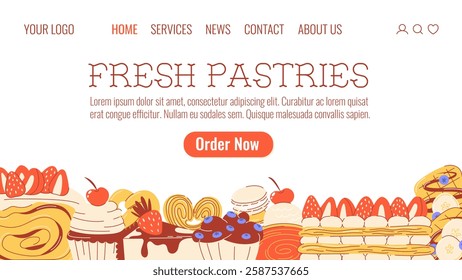 Pastry and sweet desserts. Bread, cupcake, muffin, cheesecake, macaron, cherry strudel, mille feuille, viennese waffle. Vector flat illustration for poster, banner, website, advertising, landing page