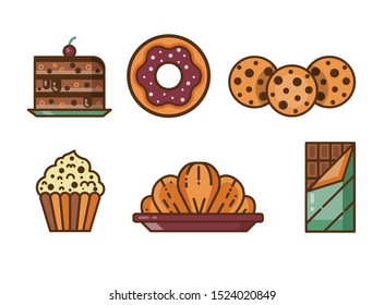 Pastry and sweet desserts with fresh croissant, doughnut, cookies, chocolate bar, cake, muffin and cupcake icons. Line design elements for coffee house, bakery and shop.