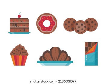 Pastry and sweet desserts with fresh croissant, doughnut, cookies, chocolate bar, cake, muffin and cupcake icons. Flat design elements for coffee house, bakery and shop.