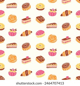 Pastelería, panadería francesa dulce patrón sin fisuras con productos horneados. Diseño de panadería de confitería. Cupcakes dibujados a mano y muffins doodles de fondo para envolver papel, cafetería y Fondos de pantalla de la tienda