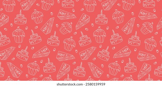 Pastry, sweet pastry. Seamless pattern. Hand drawn, doodle. Food, dessert. Confectionery, cafe icons. Set Cake with candle, cheesecake, cupcake. Birthday, repeating background.