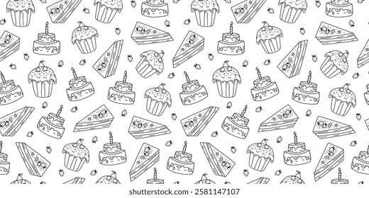 Pastry, sweet pastry. Seamless pattern. Hand drawn, doodle. Food, dessert. Confectionery, cafe icons. Set Cake with candle, cheesecake, cupcake. Birthday, repeating background.