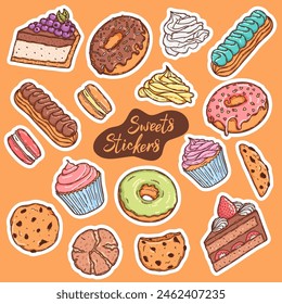 Konditorei süße Vektorgrafik Aufkleber Kollektion. Cupcake, Macaron, Sahne Topping, Kekse und Donut, Obst und Schokolade Süßwaren-Set