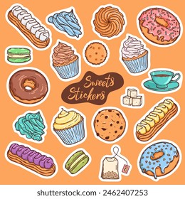 Pastry sweet vector stickers collection. Cupcake, macaron, cream topping, cookies and donut, fruit and chocolate  confectionery set