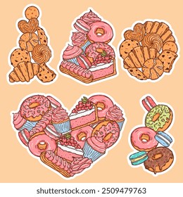 Pastry sweet vector stickers collection. Cupcake, macaron, cream topping, cookies and donut, fruit and chocolate  confectionery set