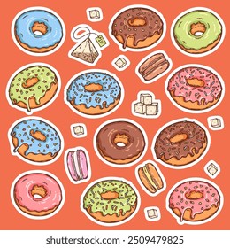 Pastry sweet vector stickers collection. Macaron, sugar, teabag, glazed donut with sprinkles, confectionery set. 