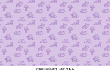 pastry sweets background purple. doodle sketch vector