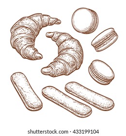 Colección de dulces pasteleros aislados en fondo blanco. Conjunto de esbozo. Ilustración vectorial dibujada a mano.