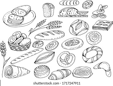 
Pastry sweets doodle sketch hand drawn vector illustration line graphics long loaf pastry dough cupcakes bread baguette pastries wheat rye flour shop kitchen cooking menu