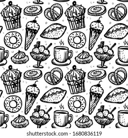 Pastry sweets seamless pattern, cute hand drawn sketch food symbols, black and white vintage style