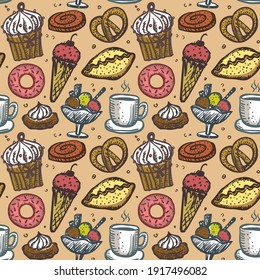 Pastry sweets seamless pattern, cute hand drawn sketch food symbols, vintage style