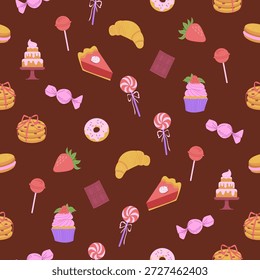 Pastelería, patrón de dulces sin fisuras con сookies, pedazo de pastel, donut, caramelo, chocolate, cupcake, pastel. Ilustración vectorial plana.