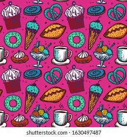 Pastry sweets seamless pattern, vibrant hand drawn sketch food symbols