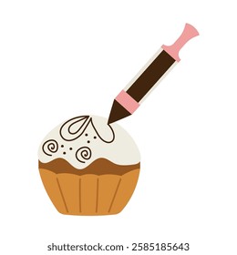 Pastry syringe decorates freshly baked cupcake. Vector illustration of confectionery, baking, baking decoration