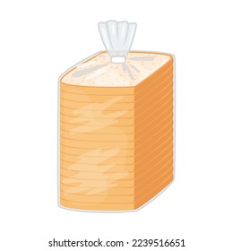 Pastry toast bread in plastic transparent packaging. Pastry bread from wheat in pack bag with clip, piece bakery food. Square loaf with cut slice in wrap. Vector illustration