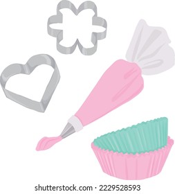 Pastry tools for bakery or home kitchen Illustrations. Isolated vector objects in pastel colors. 