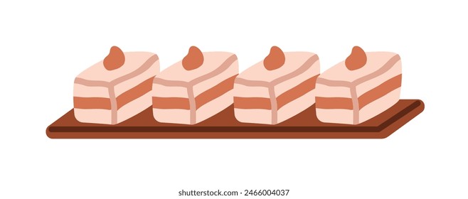 Pastry tray. Layered cake slices, pieces on wooden plate. Sweet dessert with cream and berry. Confectionery, patisserie treats on wood board. Flat vector illustration isolated on white background