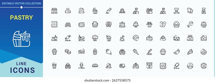 Pastry vector line icon set. Sweet icon set. Contains such symbols as sweet, cake, dessert, baker, food, pie, cookie and more. Editable stroke. Vector collection.