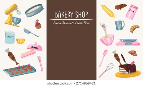 Anuncio de Sitio web pastelero con herramientas para hornear, ingredientes y postres. Diseño de dibujos animados para panadería, clase de panadería, Sitio web de pastelería, menú y publicidad de alimentos.