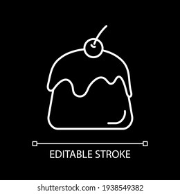Pastry white linear icon for dark theme. Bakery product. Cupcake with icing. Muffin with frosting. Thin line customizable illustration. Isolated vector contour symbol for night mode. Editable stroke