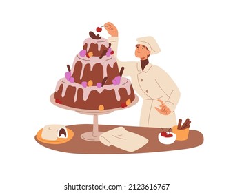 Pastry-cook decorating cake. Chef cooker, confectioner cooking delicious sweet dessert, adding cherry, final touch to confectionary dish. Flat vector illustration isolated on white background