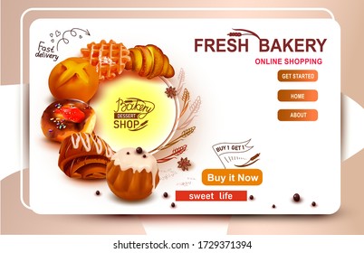 Pastry.Poppy semilla bun.Butter roll.Fresh Croissant.Web Banner Design Template.Tienda en línea para la venta de bollería, pastelería de pastelería.