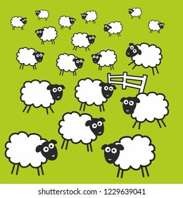 Pasture with fence and green grass full of sheeps. Insomnia vector illustration 