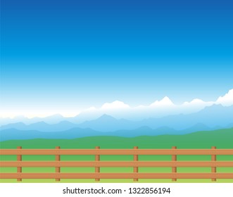Pasture fence. Lush green summer meadow with blue mountains in background. Vector illustration.
