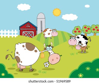  Pasture Of Grazing Dairy Cows Near A Barn And Silo