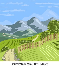 Pasture, green hills, fence, mountain landscape, countryside, orchard, trees, farm, rural view. Summer day. Colorful vector illustration. 