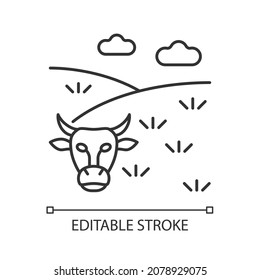 Pasture Linear Icon. Grassland And Rangeland. Grass Covered Land Type. Livestock Grazing Field. Thin Line Customizable Illustration. Contour Symbol. Vector Isolated Outline Drawing. Editable Stroke