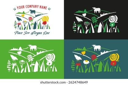 Pasture And Meadow Raised Farm Logo. Landscape Illustration with free-range cows and chicken on the field, herbs, and wildflowers in rustic style. Suitable for the agricultural industry, local market,