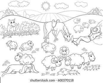 Pasture sheep with a shepherd and dog coloring for children cartoon vector illustration. Zentangle style. Black and white