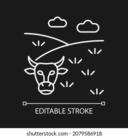 Pasture white linear icon for dark theme. Grass covered land type. Livestock grazing field. Thin line customizable illustration. Isolated vector contour symbol for night mode. Editable stroke