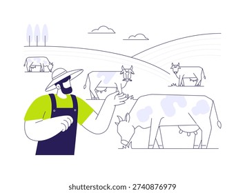 Pastures abstract concept vector illustration. Professional farmer looking at livestock in pasture, agribusiness industry worker, agricultural input sector, eating grass abstract metaphor.