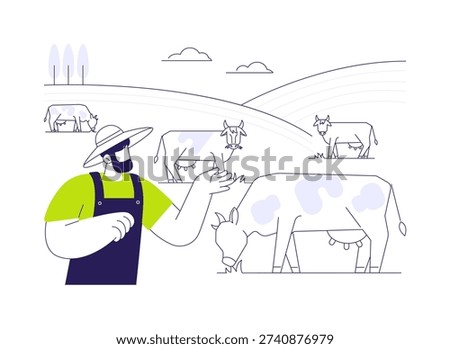 Pastures abstract concept vector illustration. Professional farmer looking at livestock in pasture, agribusiness industry worker, agricultural input sector, eating grass abstract metaphor.