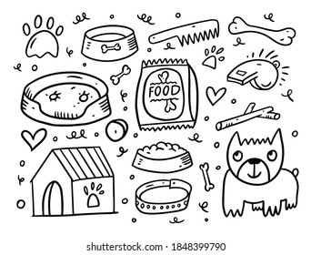 Pat and Dog doodle set elements. Black color comic style vector illustration. Isolated on white background.